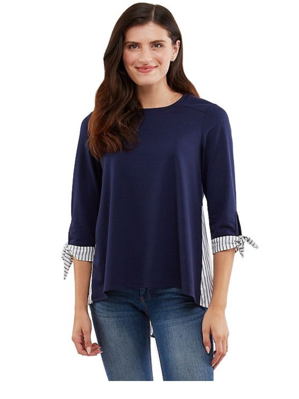 AB Studio Navy Mixed-Media Tie-Cuff Women's Tunic